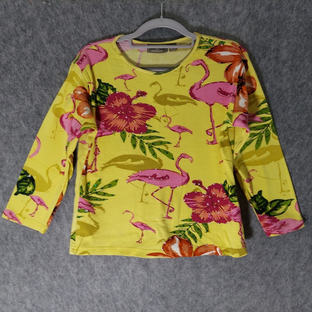 VTG Jane Ashley 100% Cotton Top S Petite Yellow Tropical Flamingo Embellished